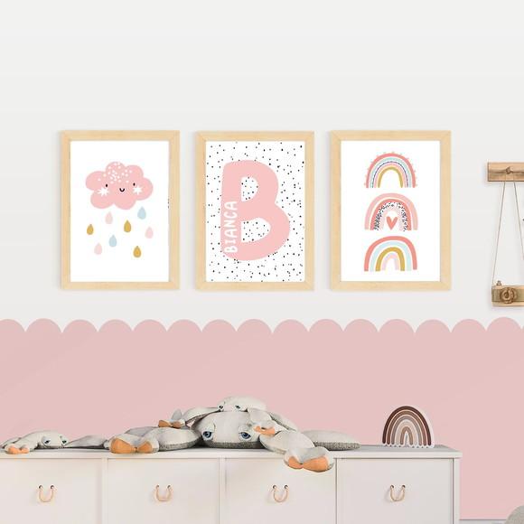 Quadros Infantil Menina Arco Íris Nuvem E Nome Personalizado