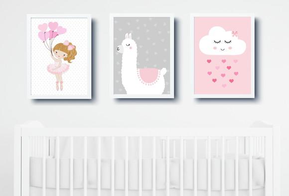 Quadros Infantil Menina Bailarina Lhama e Nuvem