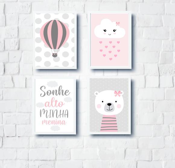 Quadros Infantil Menina Balão Urso Nuvem e Sonhe Alto A4