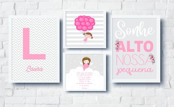 Quadros Infantil Menina Balões Sonhe Alto Nome Personalizado