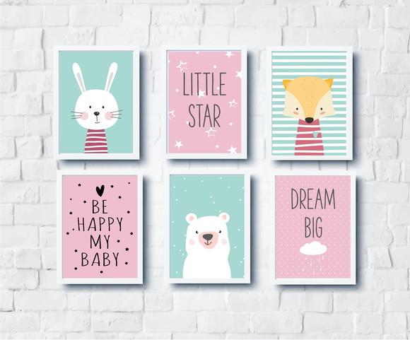 Quadros Infantil Menina Coelhinha Raposa Urso Dream Big A4