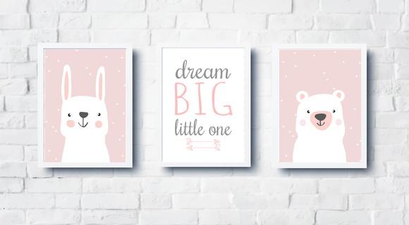 Quadros Infantil Menina Coelho Urso Escandinavo A4