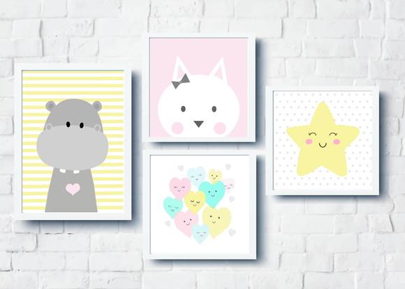 Quadros Infantil Menina Hipopótamo Gatinha Estrela Corações