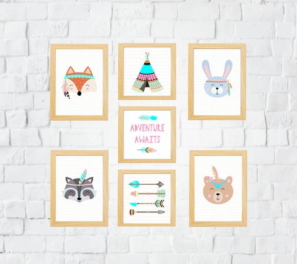 Quadros Infantil Menina Floresta Raposa Urso Coelho Guaxinim