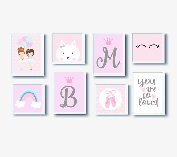 Quadros Infantil Menina Irmãs Bailarinas Nomes e Arco Íris