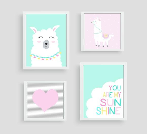 Quadros Infantil Menina Lhama Coração e Sunshine