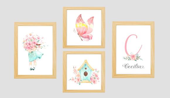 Quadros Infantil Menina Jardim Aquarela e Nome Personalizado