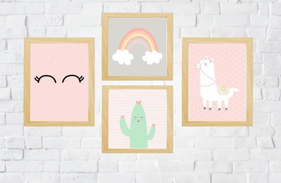 Quadros Infantil Menina Lhama Cílios Arco Íris e Cacto