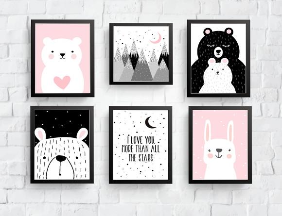 Quadros Infantil Menina Mamãe Urso Coelho Montanhas Lua