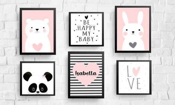 Quadros Infantil Menina Nome Coelho Urso Panda e Love