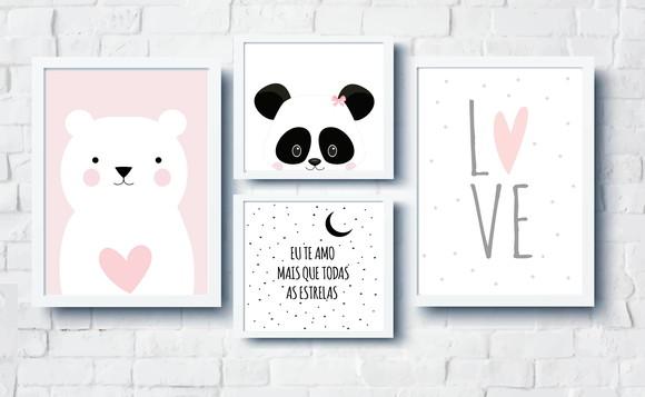 Quadros Infantil Menina Panda Ursinha Love