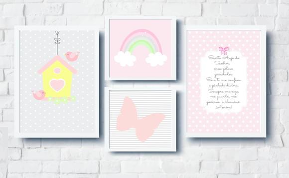 Quadros Infantil Menina Passarinhos Borboleta e Arco Íris