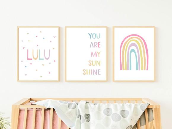 Quadros Infantil Menina Sunshine Arco Íris e Nome A4
