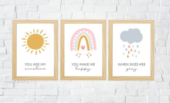Quadros Infantil Menina Sunshine Arco Íris e Nuvem A4