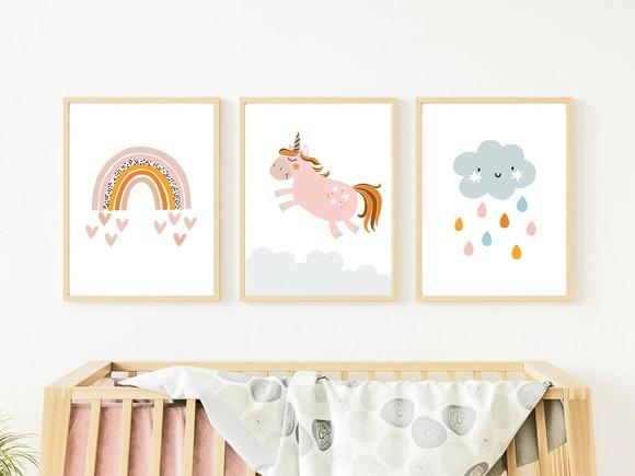 Quadros Infantil Menina Unicórnio Arco Íris Boho e Nuvem