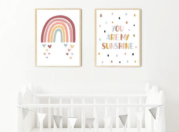 Quadros Infantil Menina You Are My Sunshine e Arco Íris A4