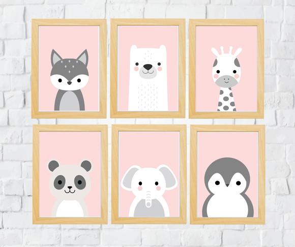 Quadros Infantil Menina Urso Pinguim Raposa Girafa Elefante