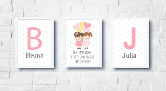 Quadros Infantil Meninas Irmãs Balões e Nomes A4