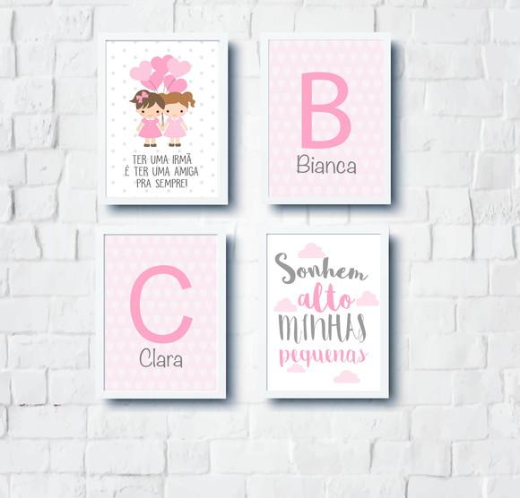 Quadros Infantil Meninas Irmãs Balões Sonhem Alto e Nomes A4