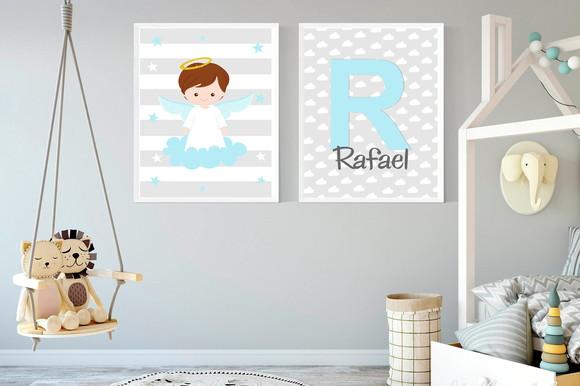 Quadros Infantil Menino Anjo da Guarda e Nome Personalizado