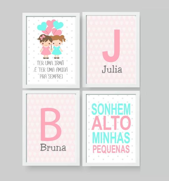Quadros Infantil Meninas Irmãs Balões Sonhem Alto e Nomes A4