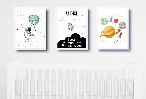 Quadros Infantil Menino Astronauta Foguete e Planetas A4