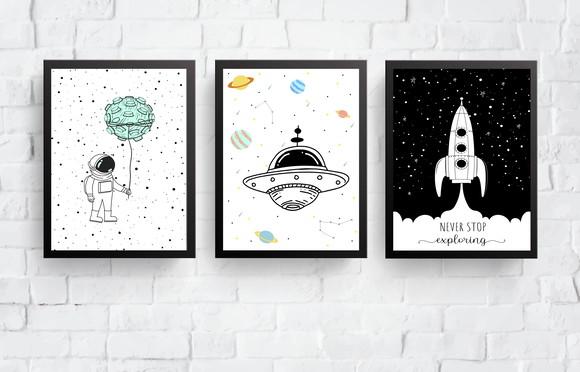 Quadros Infantil Menino Astronauta Nave e Foguete Escandi A4