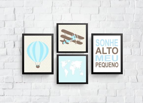 Quadros Infantil Menino Avião Balão Mapa Mundi Sonhe Alto