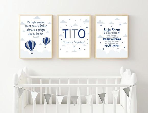 Quadros Infantil Menino Balões Nuvem e Versículo Seja Forte