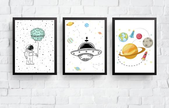 Quadros Infantil Menino Astronautas Nave e Planetas A4