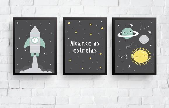 Quadros Infantil Menino Foguete Espaço e Planetas A4