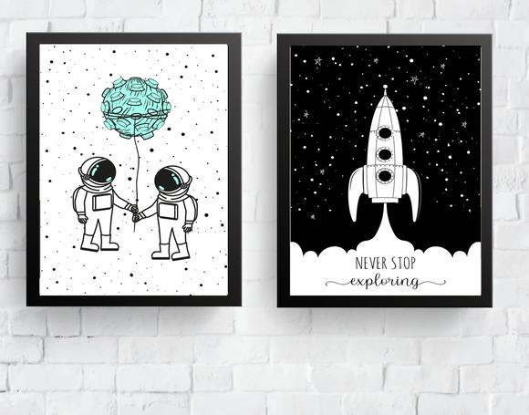 Quadros Infantil Meninos Astronautas e Foguete A4