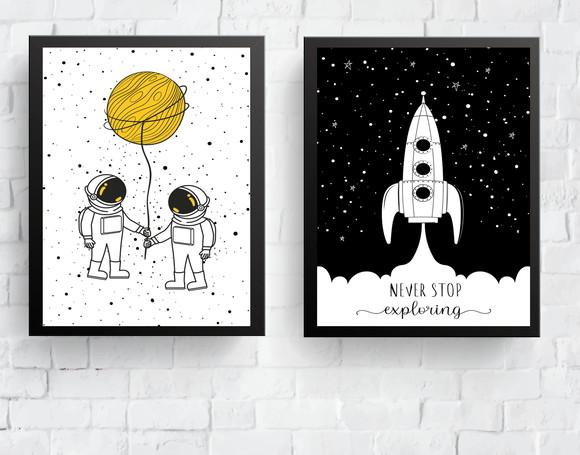 Quadros Infantil Meninos Astronautas e Foguete Never Stop
