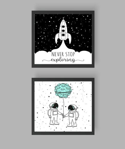Quadros Infantil Meninos Astronautas e Foguete