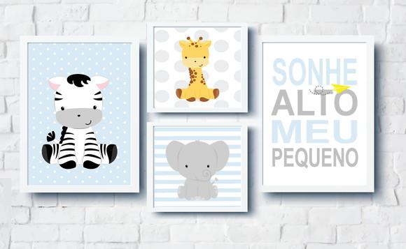 Quadros Infantil Menino Zebra Girafa Elefante Sonhe Alto