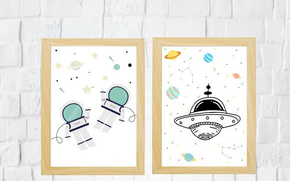 Quadros Infantil Meninos Astronautas e Nave A4