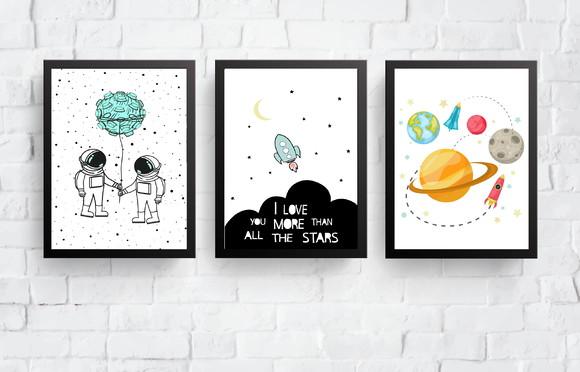 Quadros Infantil Meninos Astronautas Foguete e Planetas