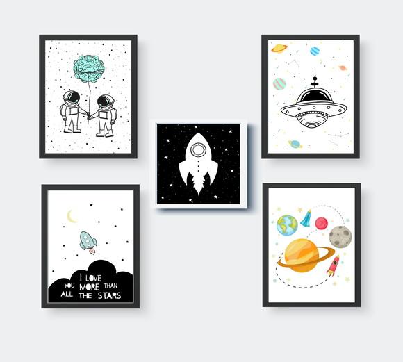 Quadros Infantil Meninos Astronautas Foguetes e Planetas