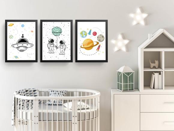 Quadros Infantil Meninos Astronautas Nave e Planetas A3