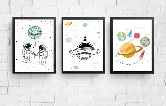 Quadros Infantil Meninos Astronautas Nave e Planetas