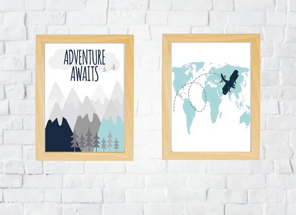 Quadros Infantil Montanhas Avião e Mapa Mundi