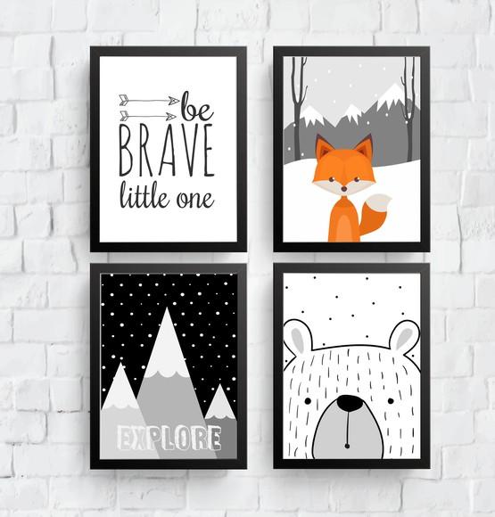 Quadros Infantil Montanha Urso Raposa Be Brave