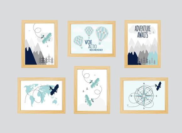Quadros Infantil Montanhas Avião Adventure Mundi e Balão A4