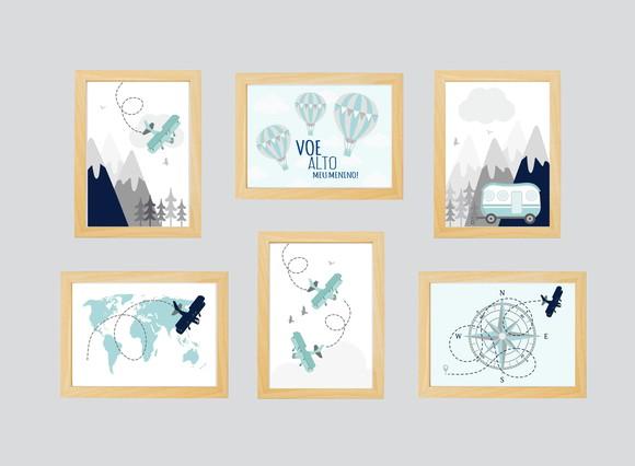Quadros Infantil Montanhas Avião Mapa Mundi e Balão A4