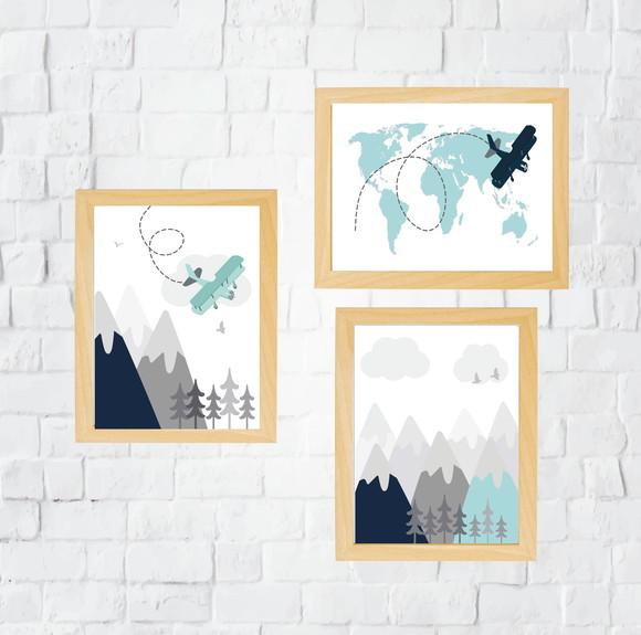 Quadros Infantil Montanhas Avião e Mapa Mundi A4