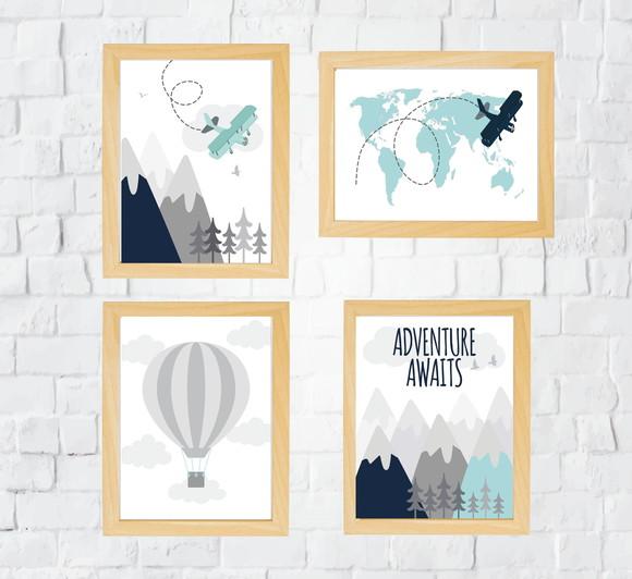 Quadros Infantil Montanhas Balão Avião Mapa Mundi