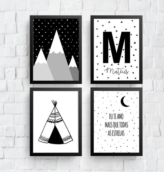 Quadros Infantil Montanhas Cabana Eu Te Amo e Nome A4