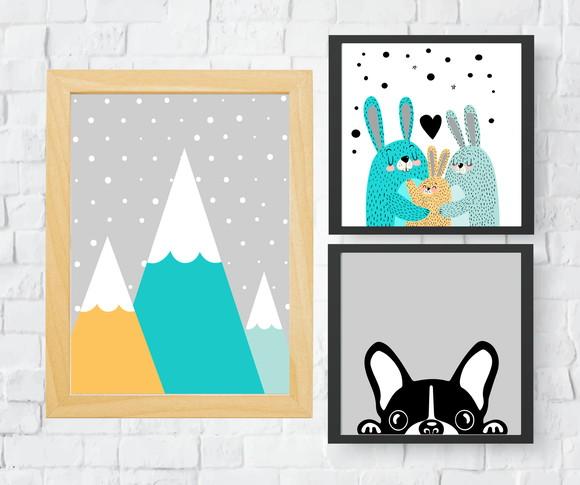 Quadros Infantil Montanhas Família Coelhos e Buldogue