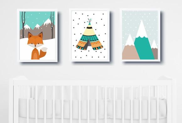 Quadros Infantil Montanhas Raposa e Cabana