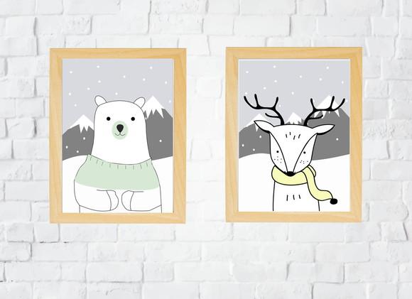 Quadros Infantil Montanhas Urso e Cervo